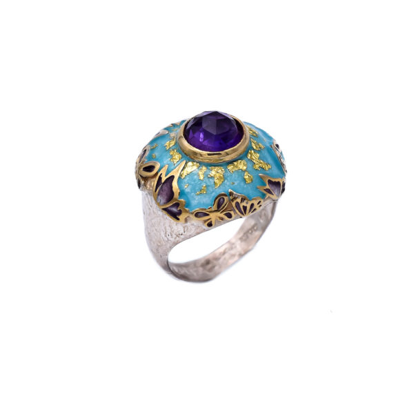 Spiritual Gemstone Butterfly Ring, Gold Plated with Enamel, 24K Gold Leaves - Image 3