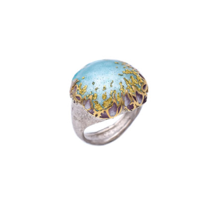 Bold Silver Cocktail Ring with Butterflies, Light Blue Enamel and 24K Gold Leaves