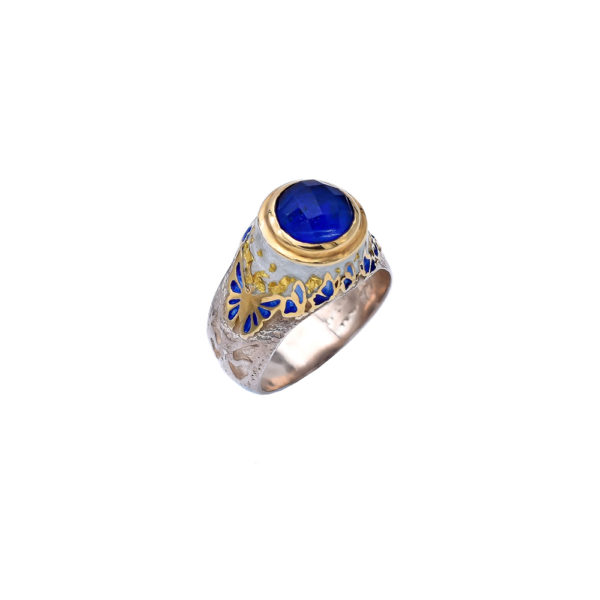 Blue Apatite Butterfly Ring, Gold Plated with Enamel - Image 4