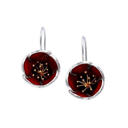 Red Poppy Dangling Earrings Made out of Silver and Enamel