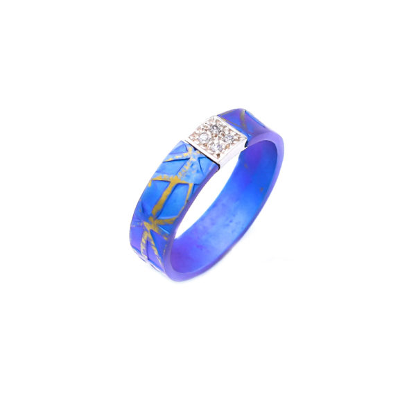 Anodized Titanium Textured Narrow Round Ring with Silver Bar with Two Rows of 2 Zircon - Image 2