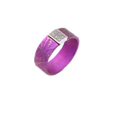 Anodized Titanium Textured Medium Width Round Ring with Sterling Silver Bar of 6 Zircon