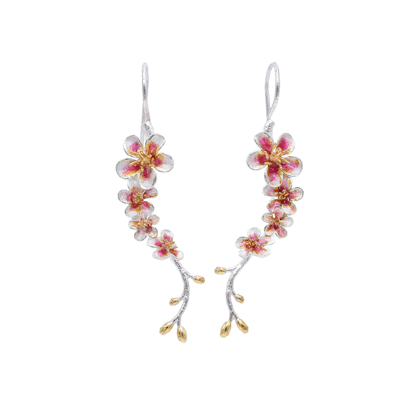 Cherry Blossom Dangle Earrings with Gold Plated Stamens and Pink Enamel