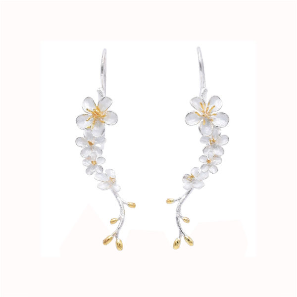 Cherry Blossom Dangle Earrings with Gold Plated Stamens and Pink Enamel - Image 2