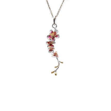 Silver Plum Blossom Pendant with Pink Enamel and Gold Plated Stamens