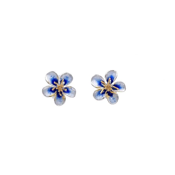 Small Flower Stud Earrings Made Out of Silver and Light Blue Enamel - Image 2