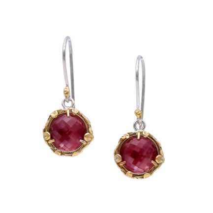 Quartz Dangle Earrings with Red Enamel and Gold Plated Flowers