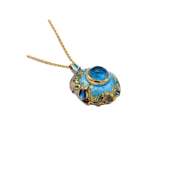 Sterling Silver Round Pendant Butterfly Gold Plated with Enamel, gold leaf - Image 4