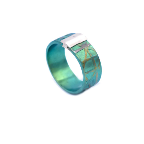 Turquoise Anodized Titanium Ring, Medium Width with Sterling Silver Detail - Image 3