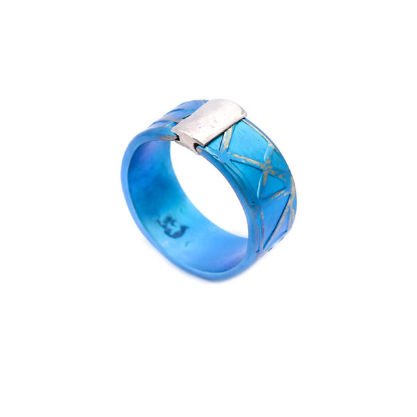 Turquoise Anodized Titanium Ring, Medium Width with Sterling Silver Detail