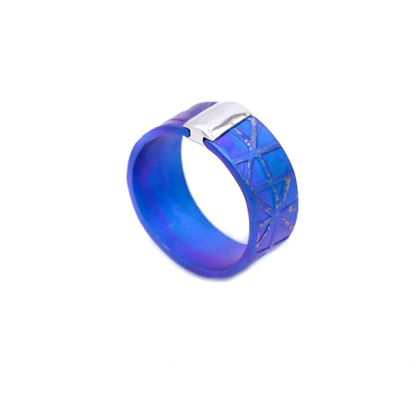 Colorful Flat titanium Band Ring Textured with Sterling Silver Detail - Image 2