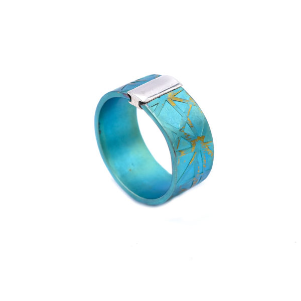 Colorful Flat titanium Band Ring Textured with Sterling Silver Detail - Image 3