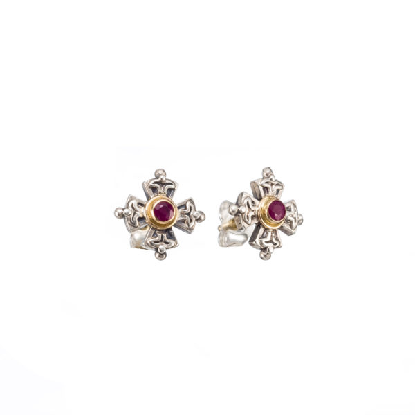 Cross Stud Byzantine Earrings Rubies for Ladies 18k Yellow Gold and Silver 925