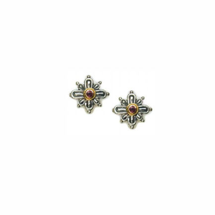 Cross Stud Byzantine Earrings Rubies for Ladies 18k Yellow Gold and Silver 925