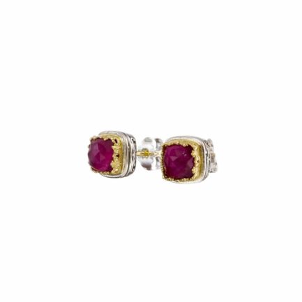 Square Stud Earrings Small Ruby 18k Yellow Gold and Silver 925 for Ladies