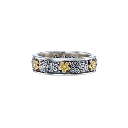 Flower Band Ring 6mm Yellow Gold k18 and Sterling Silver 925