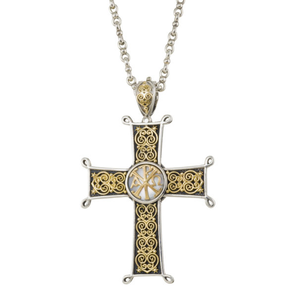 Chi-Rho Filigree Faith Large Cross Pendant 18k Yellow Gold and Sterling Silver 925