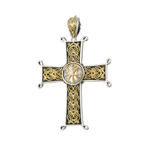 Chi-Rho Filigree Faith Large Cross Pendant 18k Yellow Gold and Sterling Silver 925 - Image 2