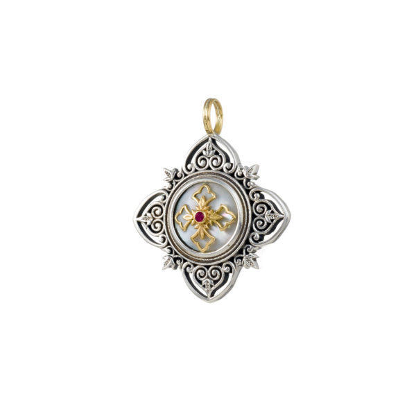 Filigree Cross Pendant Byzantine Ruby 18k Yellow Gold and Sterling Silver 925 - Image 2