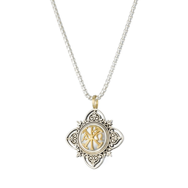 Chi-Rho Cross Pendant Byzantine 18k Yellow Gold and Sterling Silver 925