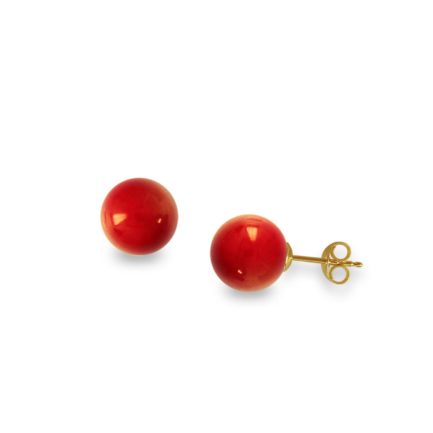 8mm Red Coral Ball Stud Earrings in Yellow Gold 14k