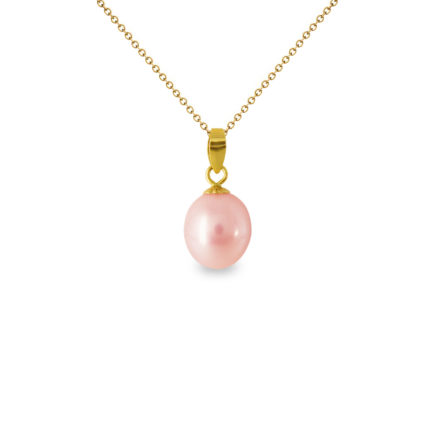 Light Pink Freshwater Pearl Oval Pendant 18K Solid Yellow Gold 8-10mm