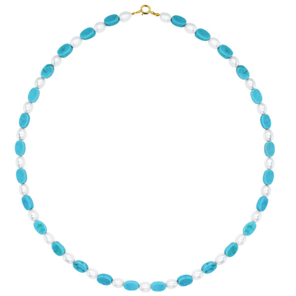 Multi Turquoise and Pearls Bead Station Necklace in 14k Yellow Gold