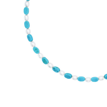 Multi Turquoise and Pearls Bead Station Necklace in 14k Yellow Gold