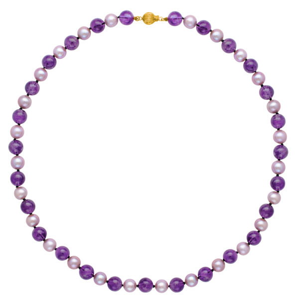 7.5-8 Round Pearls & Amethyst Bead Station Necklace in k14 Gold