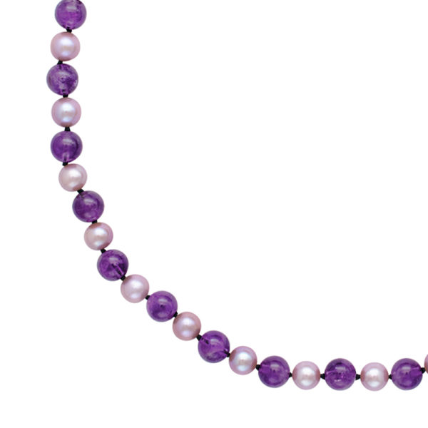 7.5-8 Round Pearls & Amethyst Bead Station Necklace in k14 Gold - Image 2