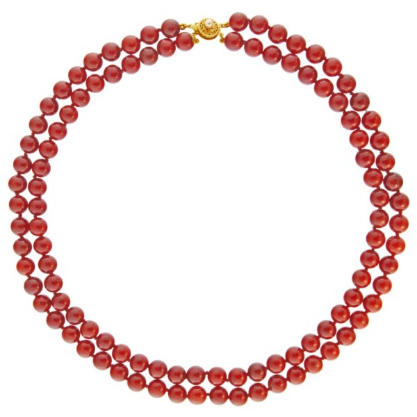 2 Rows 8mm Double Strand Red Coral Necklace in k14 Gold