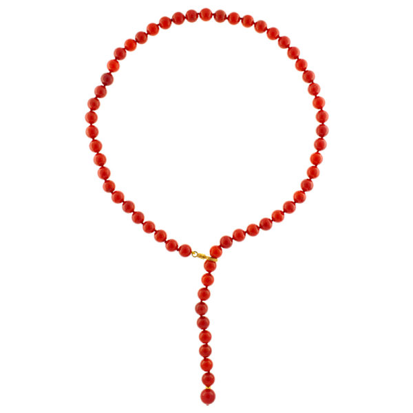 Gold 8-8.5mm Red Coral Bead Station Necklace in 14kt Yellow Gold - Image 2