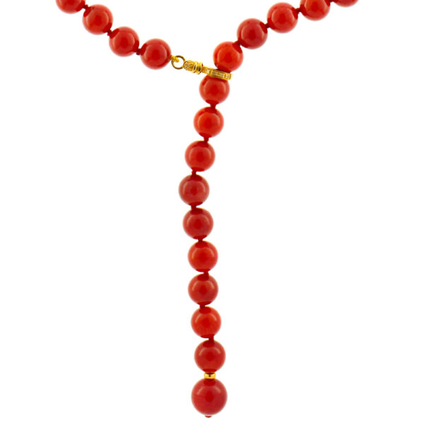 Gold 8-8.5mm Red Coral Bead Station Necklace in 14kt Yellow Gold