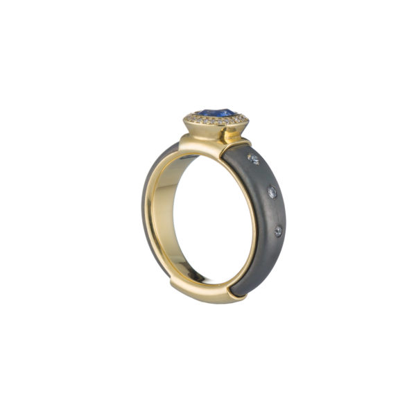 Gray Titanium and k18 Gold Ring with Blue Sapphire Cushion and Diamonds - Image 2