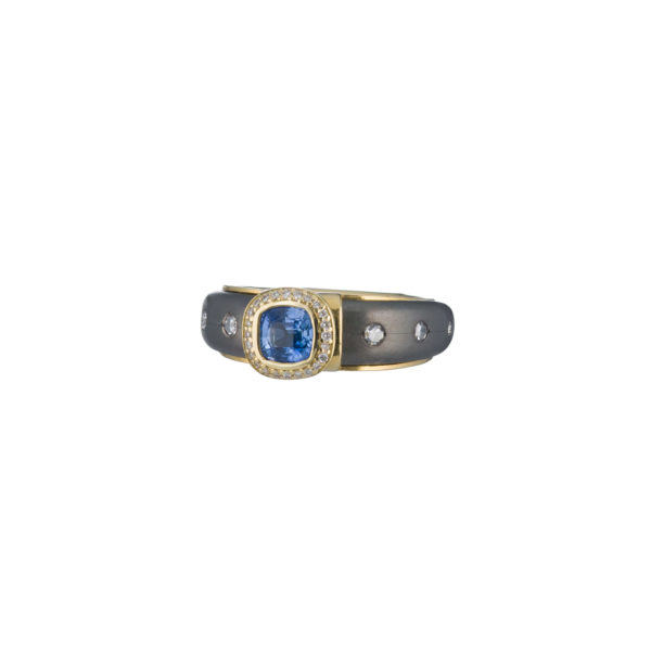 Gray Titanium and k18 Gold Ring with Blue Sapphire Cushion and Diamonds - Image 4