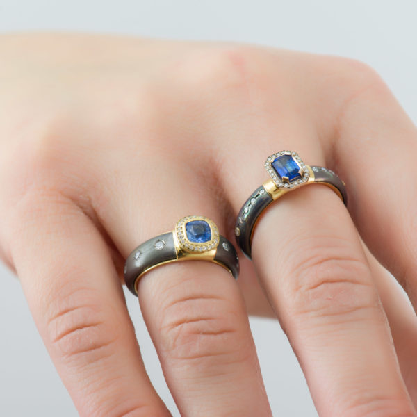 Gray Titanium and k18 Gold Ring with Blue Sapphire Cushion and Diamonds - Image 5