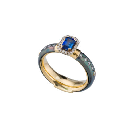 Gray Titanium and k18 Gold Ring with Blue Sapphire and Diamonds