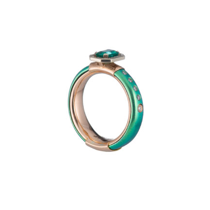 Green Titanium and k18 Pink Gold Ring with Emerald and Diamonds