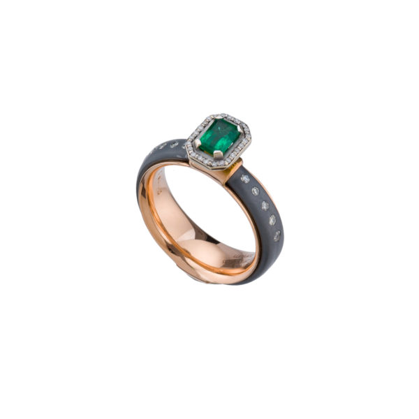 Gray Titanium and k18 Pink Gold Ring with Emerald and Diamonds