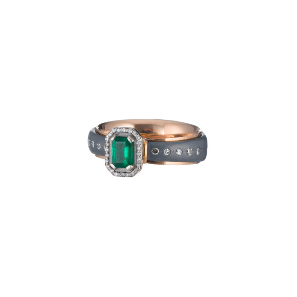 Gray Titanium and k18 Pink Gold Ring with Emerald and Diamonds - Image 3