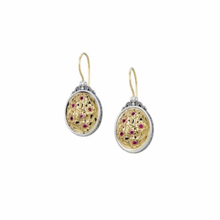 Flower Ruby Oval Earrings Beautiful for Women’s 18k Yellow Gold and Silver