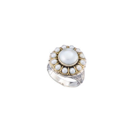 Pearls Byzantine Round Ring 18k Yellow Gold and Sterling Silver 925