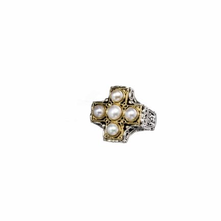 Byzantine Cross Pearls Ring 18k Yellow Gold in Sterling Silver 925