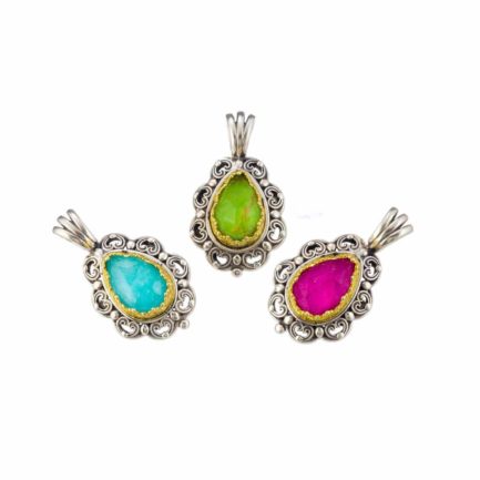 Tear-Drop Color Pendant in Sterling Silver 925 with Gold Plated Parts