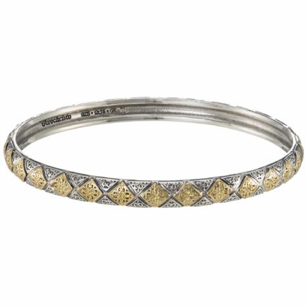 Rhombus Pattern Bangle Bracelet for Women’s 18k Yellow Gold and Silver 925