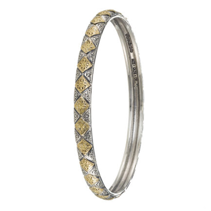 Rhombus Pattern Bangle Bracelet for Women’s 18k Yellow Gold and Silver 925