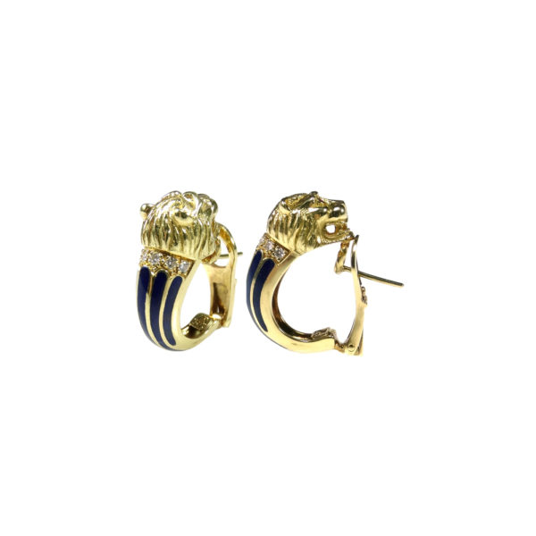 Lion Half Hoop Blue Enamel Earrings in 18k Yellow Solid Gold