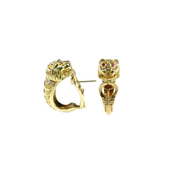 Lion Half Hoop Earrings Handmade in 18k Yellow Solid Gold - Image 2