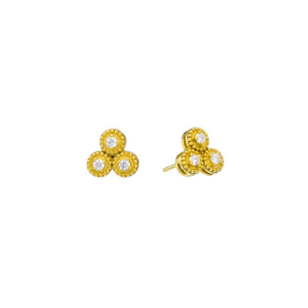 18k Gold Round Cut Diamond Trio Tiny Stud Earrings