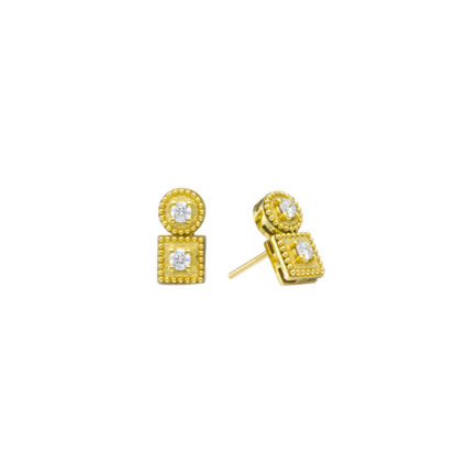 Diamonds Byzantine Stud Earrings 18k Gold Handmade Greek